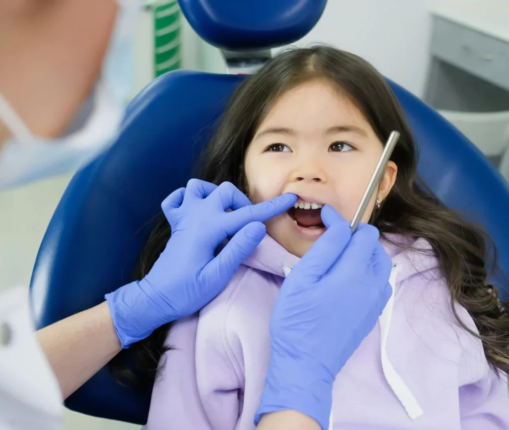 Kind auf Zahnarztstuhl mit lächelndem Gesicht, Zahnarzt hält sanft die Lippe hoch, weiße Milchzähne sichtbar.